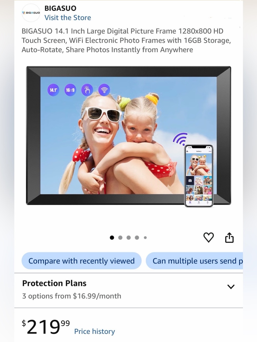BIGASUO 14.1" Digital WiFi Photo Frame w/ Auto Rotate and 16gb storage